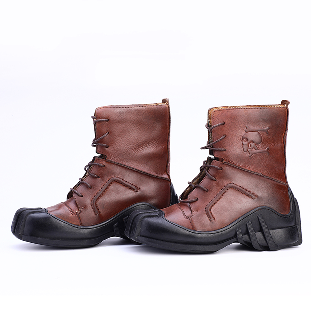 Men's genuine leather lace-up ankle boots with skull print, perfect for bikers and motorcycle enthusiasts.