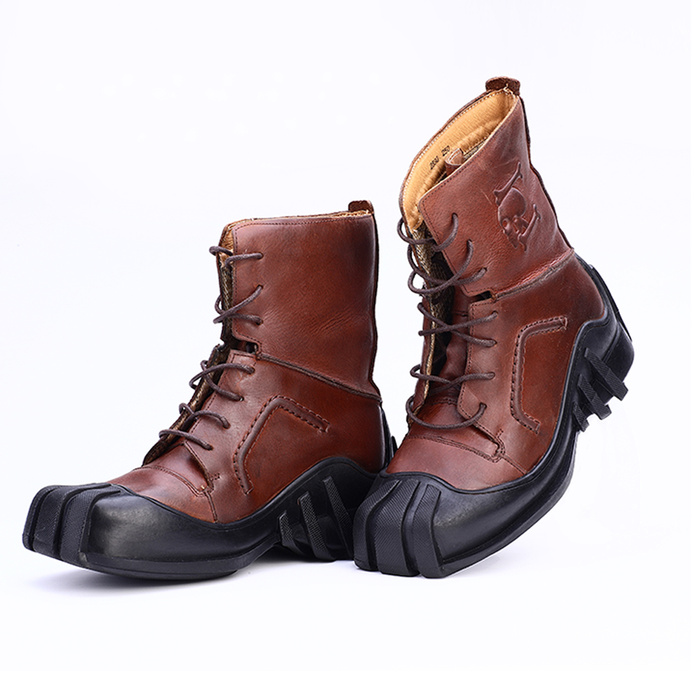 Men's genuine leather lace-up ankle boots with skull design, perfect for bikers and motorcycle enthusiasts.