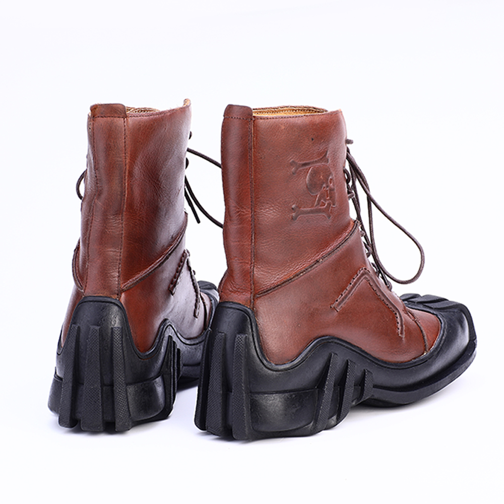 Men's genuine leather lace-up ankle boots with skull print, featuring a sturdy rubber sole and stylish brown finish.