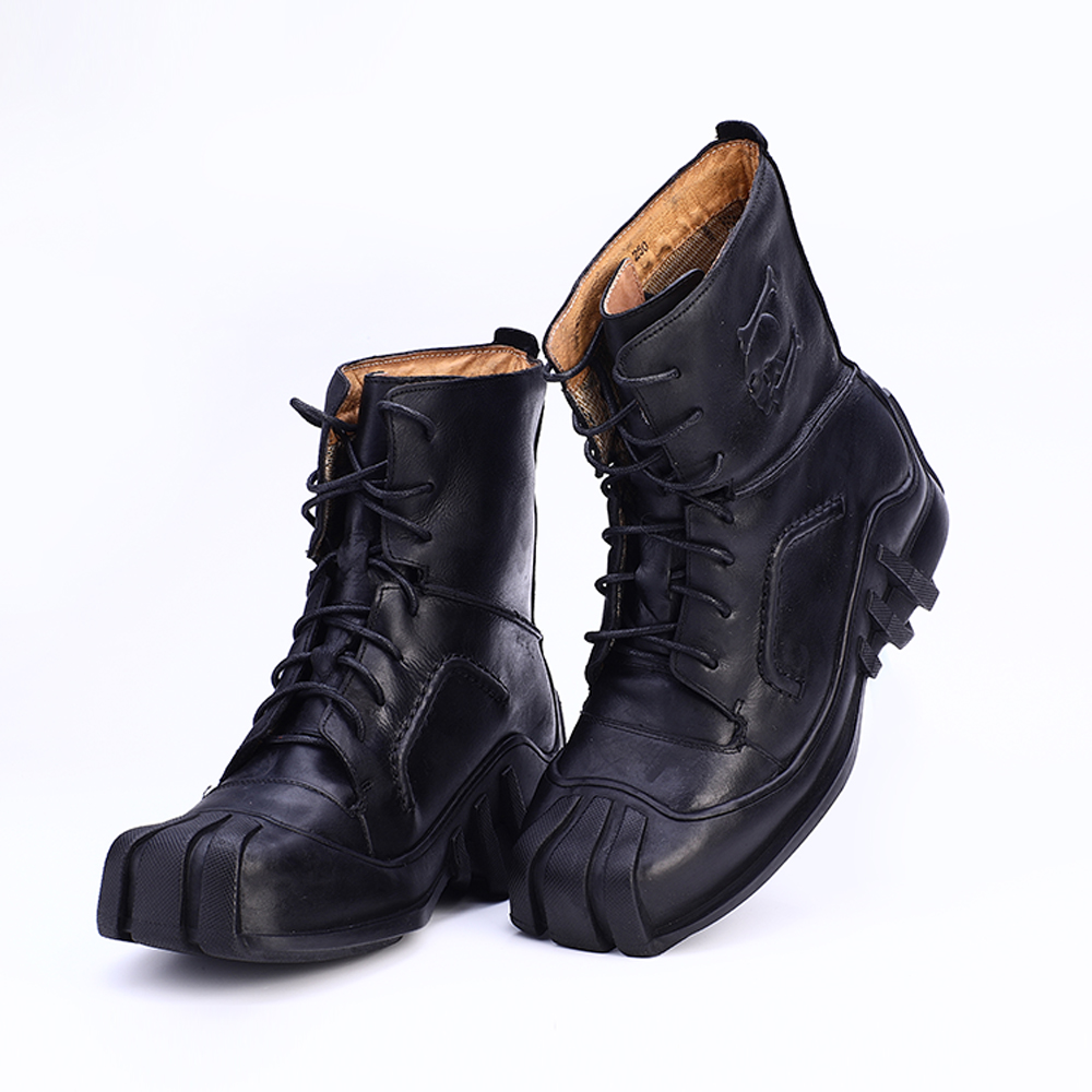 Men's genuine leather lace-up ankle boots with distinctive motorcycle style and rubber sole.