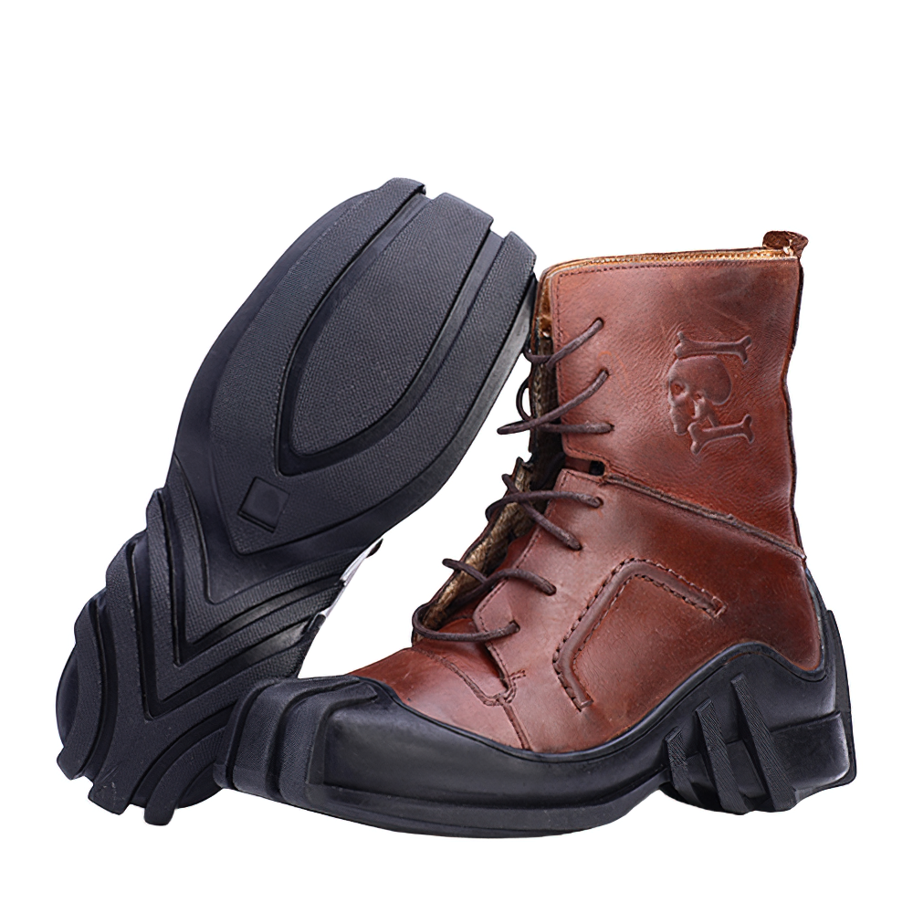 Men's genuine leather lace-up ankle boots with rubber sole and skull print, perfect for motorcycle enthusiasts.