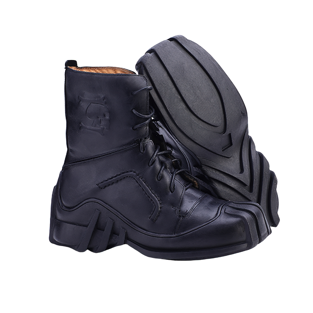 Men's genuine leather lace-up ankle boots with skull print, featuring a sturdy rubber sole and stylish motorcycle design.