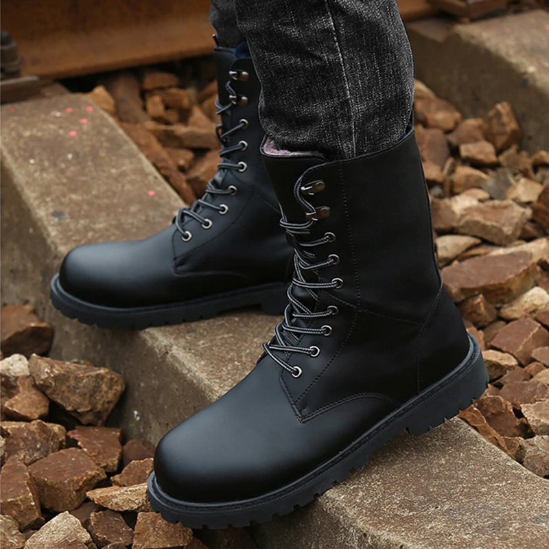 Men's Genuine Leather Lace Up Motorcycle Boots / Trendy Warm Waterproof Ankle Boots - HARD'N'HEAVY