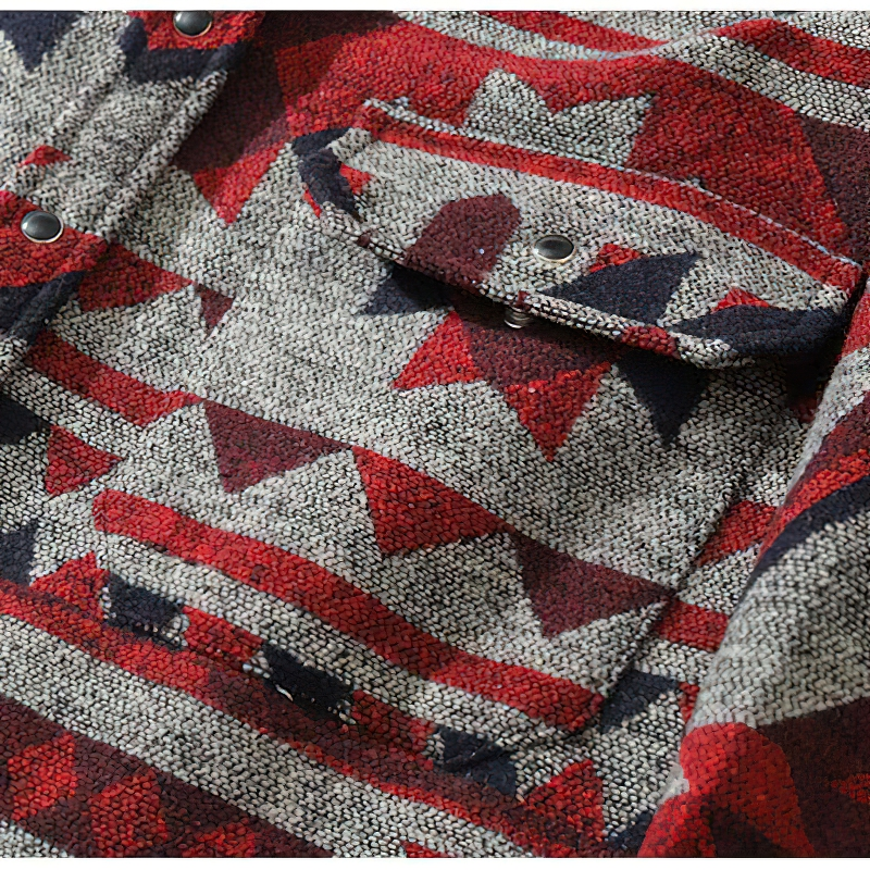 Close-up of a men's geometric pattern shirt featuring big pockets in red and black design for a stylish casual look.