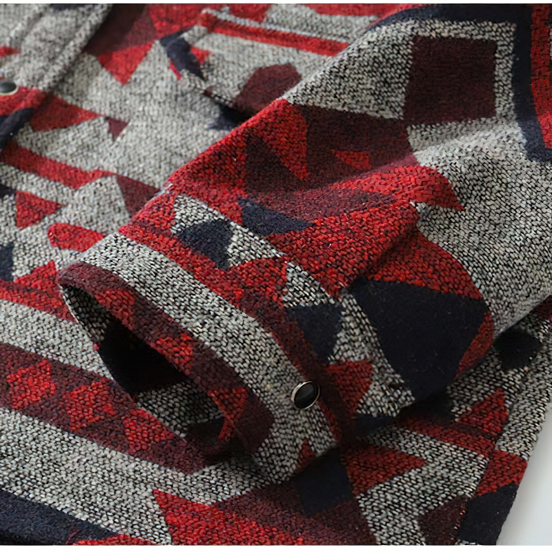 Men's geometric pattern shirt featuring vibrant red and gray colors; stylish casual long sleeves with big pockets.
