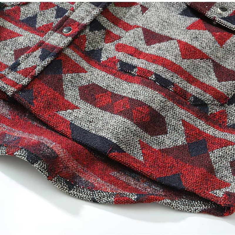 Men's geometric pattern shirt in red and gray, showcasing a trendy casual style with big pockets.