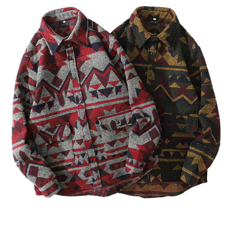 Men's geometric pattern long sleeve shirt in red and black, featuring big pockets and a casual style.