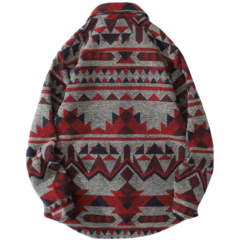 Men's casual shirt featuring a vibrant geometric pattern in red and grey, perfect for stylish everyday wear.