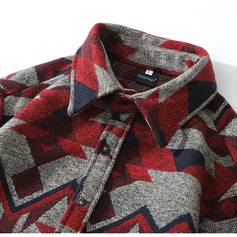 Men's geometric pattern shirt in red and grey, featuring a stylish collar and big pockets for a trendy casual look.