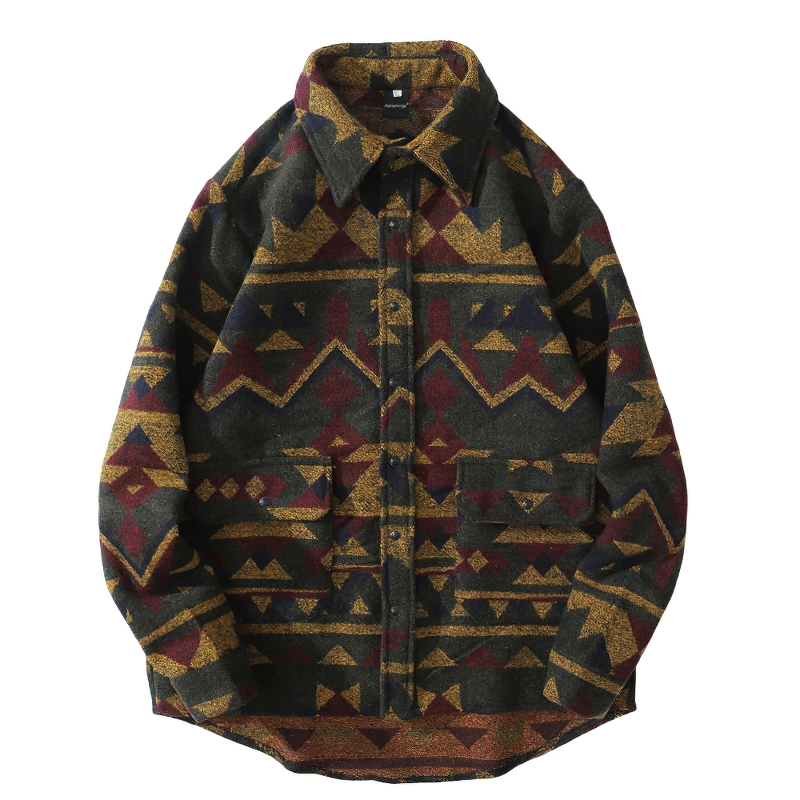 Men's geometric pattern shirt in dark colors with big pockets, perfect for casual wear.