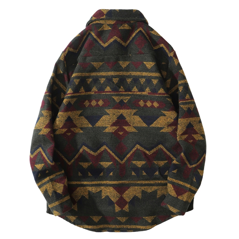 Men's geometric pattern shirt in dark colors with bold shapes and designs, perfect for casual wear and layering.