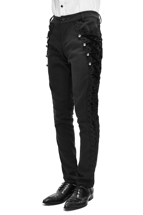 Pantalones de bolsillo góticos de jacquard para hombre/pantalones negros elegantes con hebilla en la parte trasera
