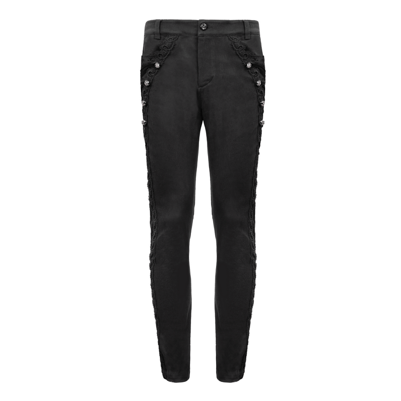 Black men's gothic jacquard pants with silver rivets and buckle belt, stylish and comfortable for your gothic wardrobe.