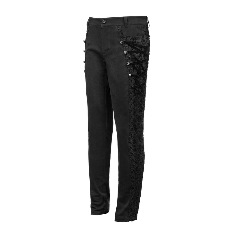 Men's gothic jacquard pocket pants with buckle belt, black with silver rivets, stylish and comfortable for your wardrobe.