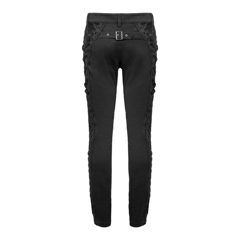Men's gothic black jacquard pocket pants with buckle belt back, featuring silver metal rivets for stylish comfort.