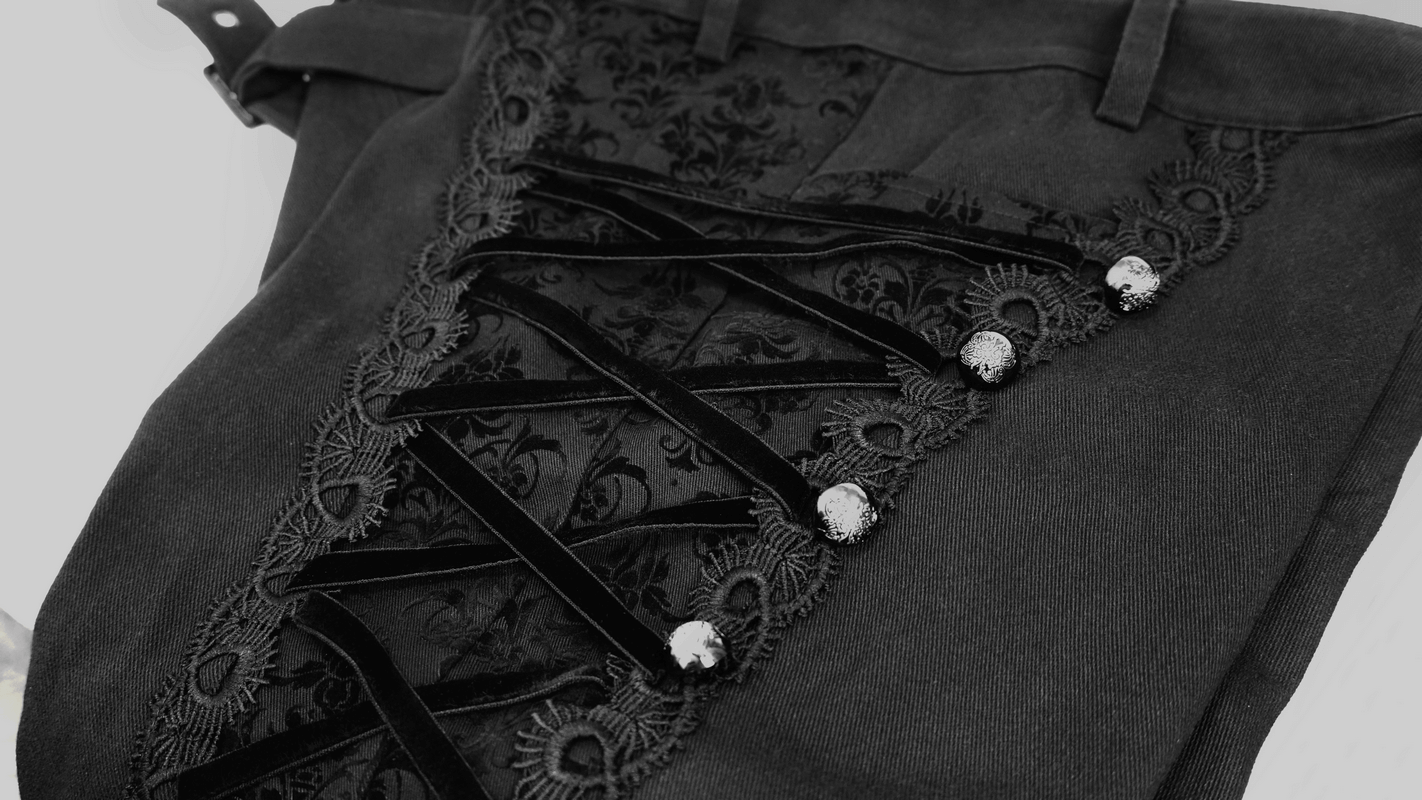 Men's gothic jacquard pocket pants with buckle belt and silver rivets, stylish black design perfect for alternative fashion.