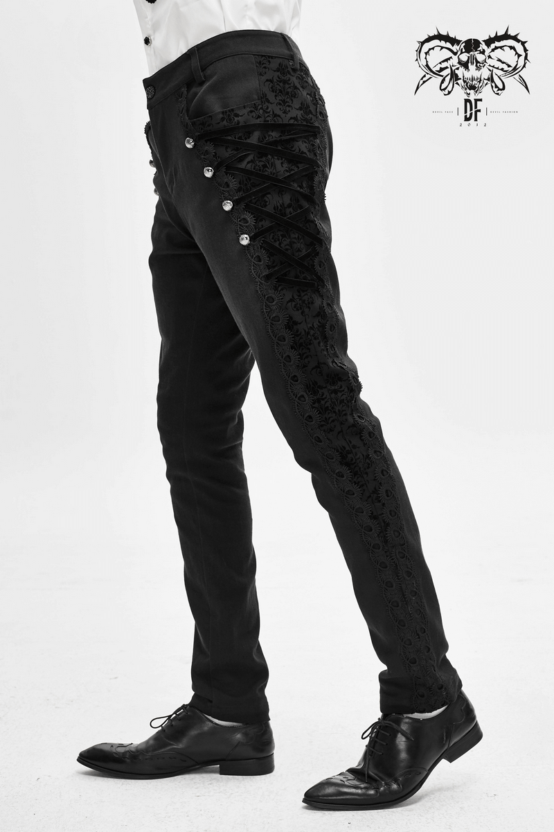 Men's Gothic Jacquard Pocket Pants with Buckle Belt in Black - Stylish and Comfortable Design with Silver Rivets