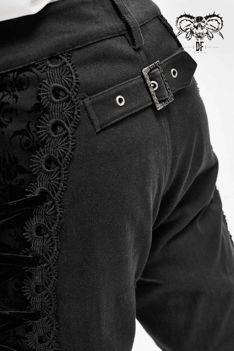 Men's black gothic jacquard pants with buckle belt and silver rivets, stylish and comfortable for alternative fashion lovers.