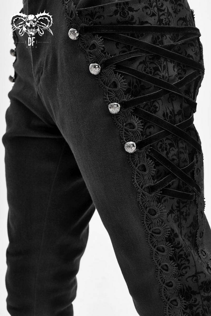 Men's Gothic Jacquard Pants with Silver Rivets and Lace Detail