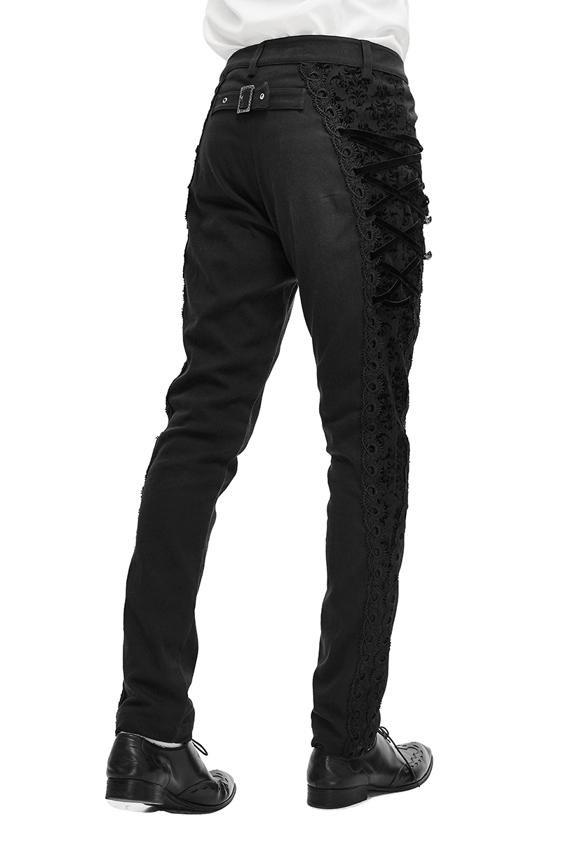 Men's black Gothic Jacquard pants with buckle belt and rivets, perfect for an edgy look. Stylish and comfortable fit.