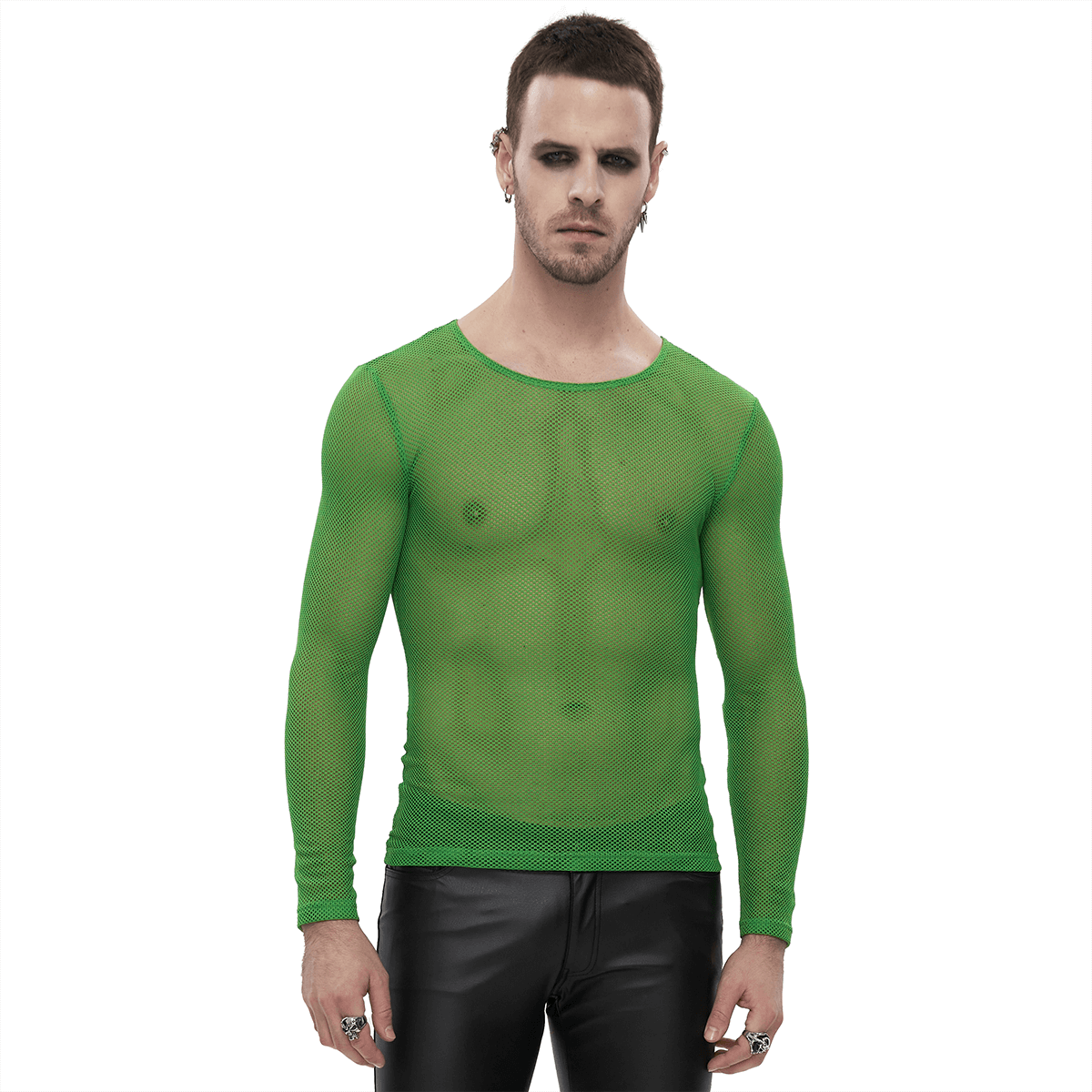 Men's Green Fluorescent Long Sleeve Mesh Top / Male Soft Stretchy Transparent Tops - HARD'N'HEAVY
