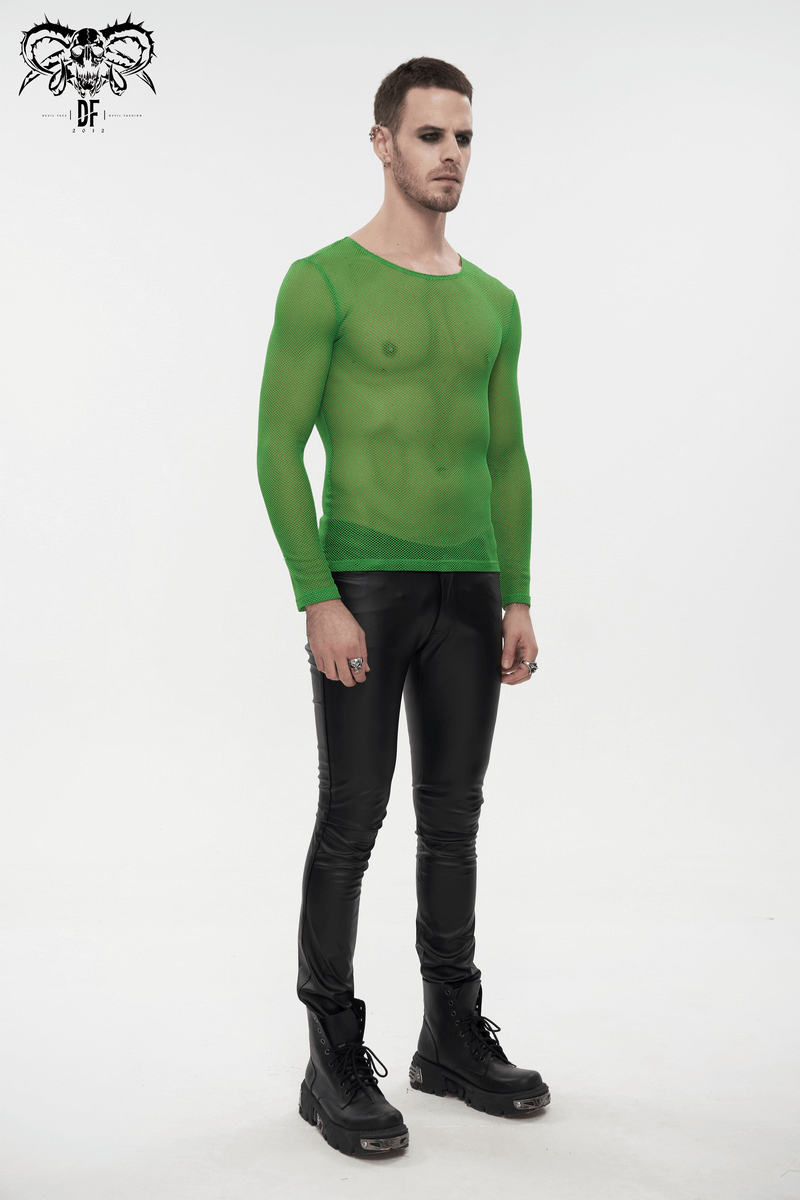 Men's Green Fluorescent Long Sleeve Mesh Top / Male Soft Stretchy Transparent Tops - HARD'N'HEAVY