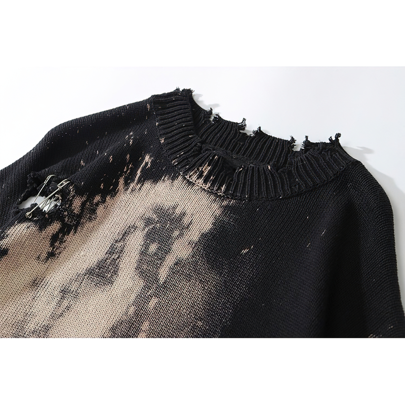 Men's Grunge Distressed Graffiti Sweater / Hole Hook Design O-Neck Pullover / Knitted Streetwear - HARD'N'HEAVY
