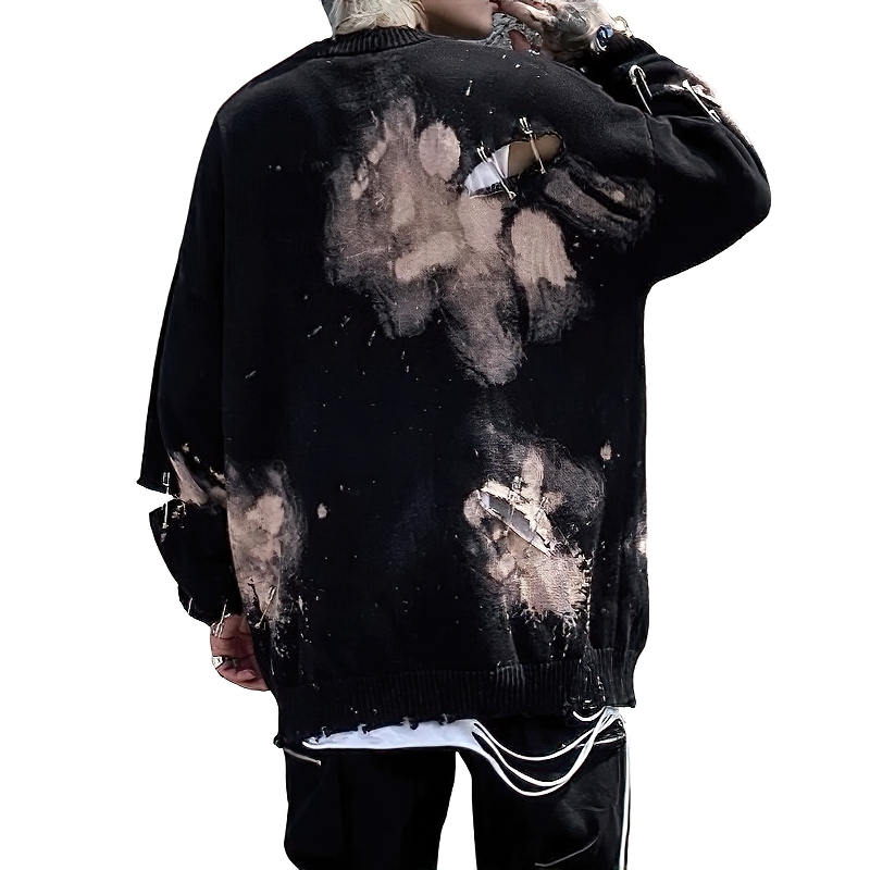 Men's Grunge Distressed Graffiti Sweater / Hole Hook Design O-Neck Pullover / Knitted Streetwear - HARD'N'HEAVY