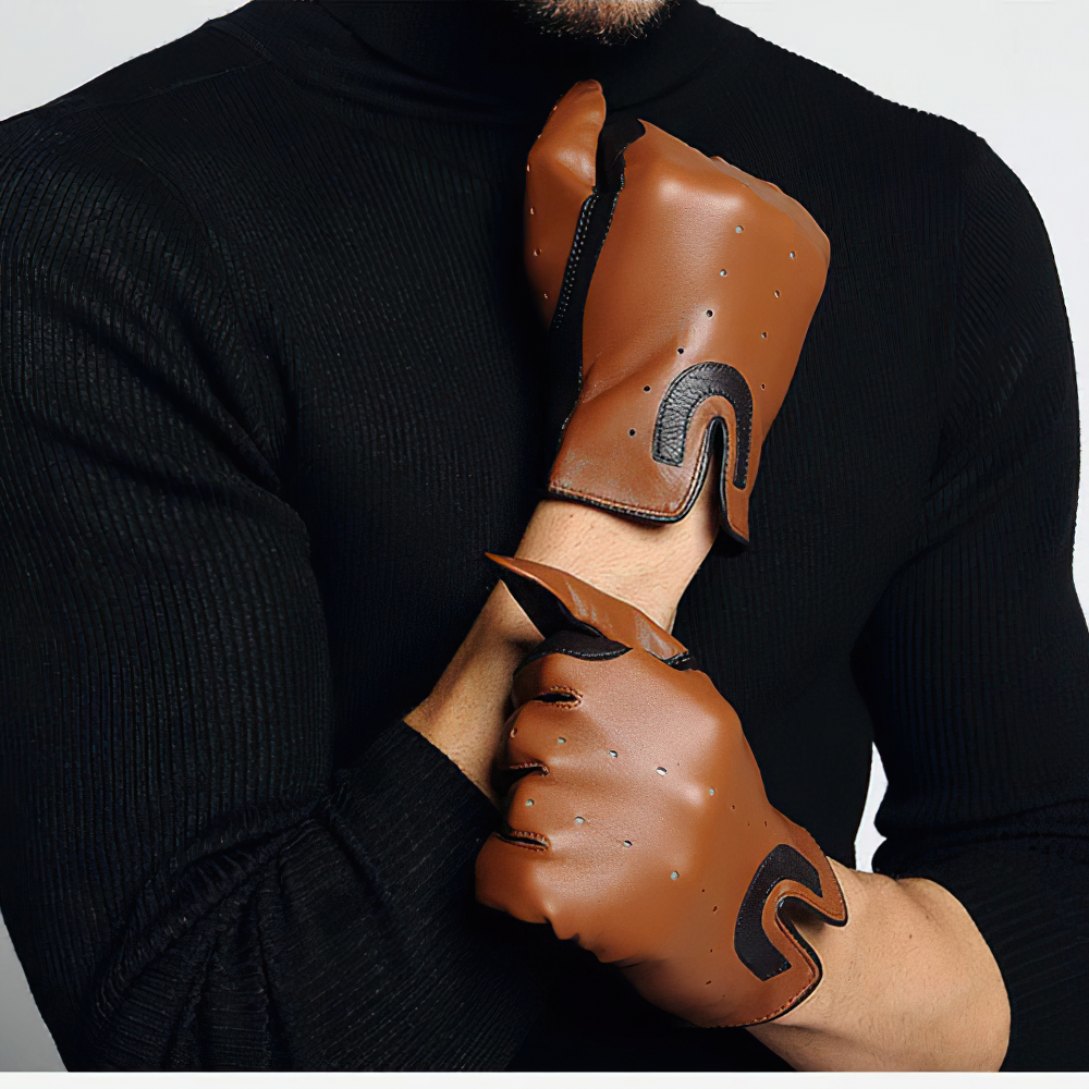 Stylish men's sheepskin gloves for horse riding, featuring breathable materials and a fashionable brown design.