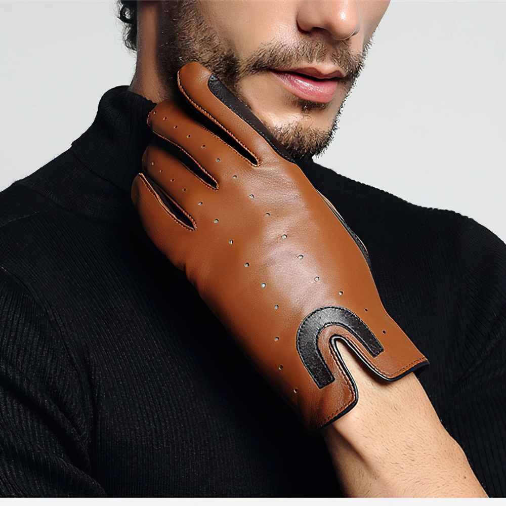 Stylish brown sheepskin gloves for men, perfect for horse riding and breathable comfort.