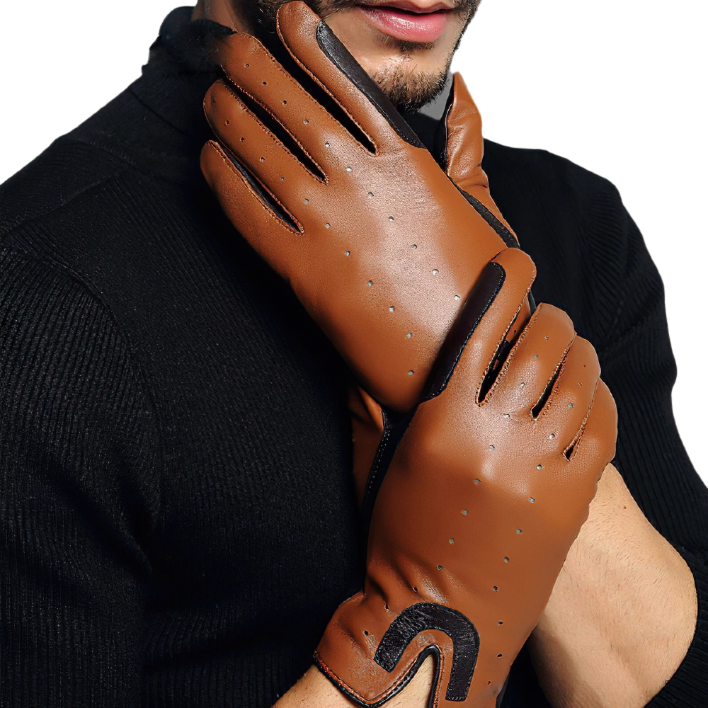 Stylish brown men's sheepskin gloves for horse riding, made from quality leather with breathable design.