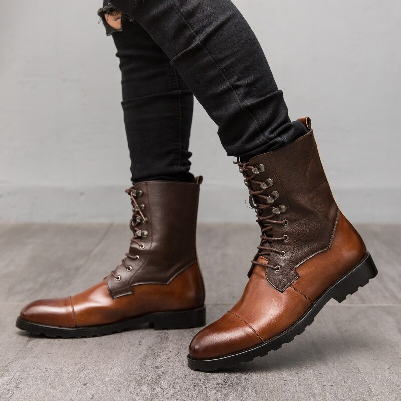 Men's vintage leather high top boots with lace-up design, perfect for casual and comfy wear. Stylish and flexible sole.
