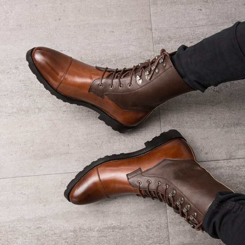 Men's high top vintage leather boots with laces, showcasing a casual comfy style perfect for everyday wear.