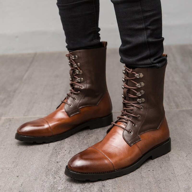 Men's high top lace-up boots in vintage leather, stylish and comfy for casual wear, perfect footwear for modern men.