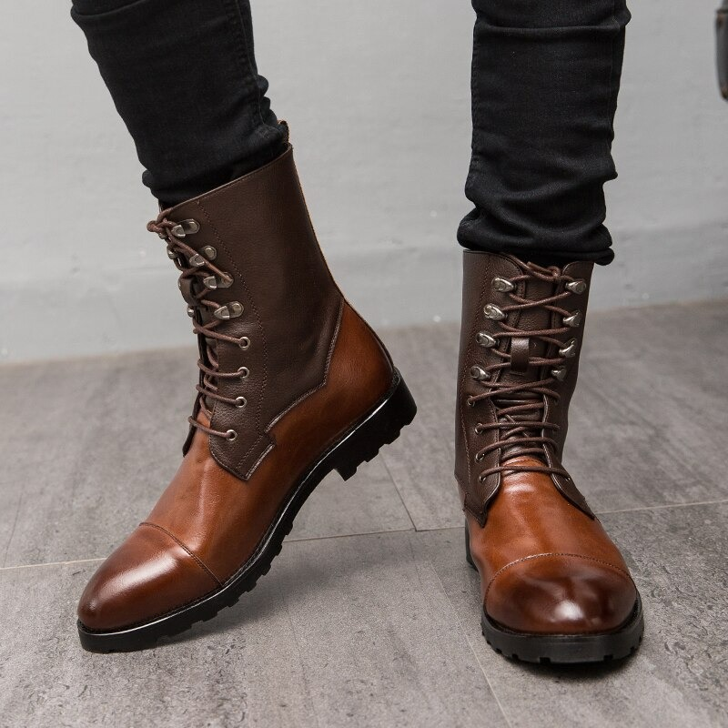 Men's vintage leather high top boots with lace-up design for casual comfort, showcasing stylish brown footwear.