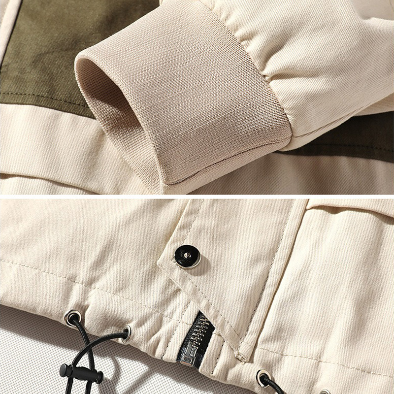Close-up of a men's multi-pocket cotton jacket showcasing the cuff and fastening details for a stylish streetwear look.