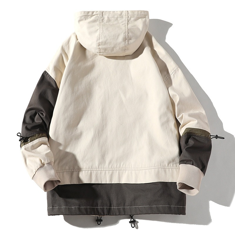 Men's loose-fit cotton jacket with hood, featuring color-blocked sleeves and adjustable hem, perfect for casual streetwear.
