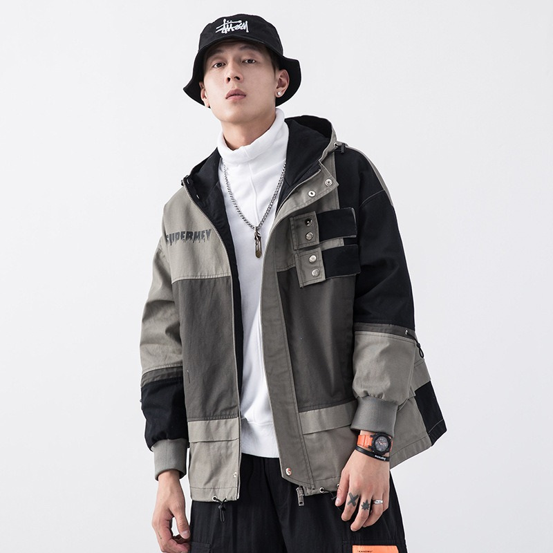 Men's loose cotton jacket with multi pockets, stylish streetwear, perfect for casual hip hop looks.