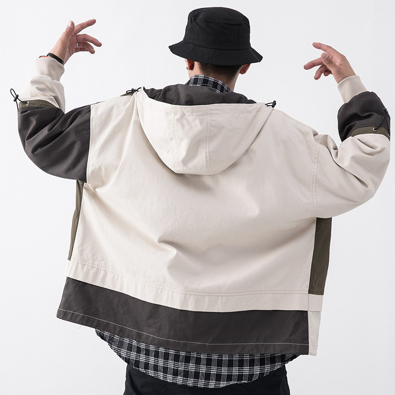 Men's loose cotton jacket with multi-pockets, perfect for streetwear and casual hip hop style.