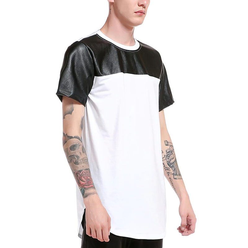 Men's patchwork leather t-shirt, stylish short sleeve summer tee with a modern fit and unique design.