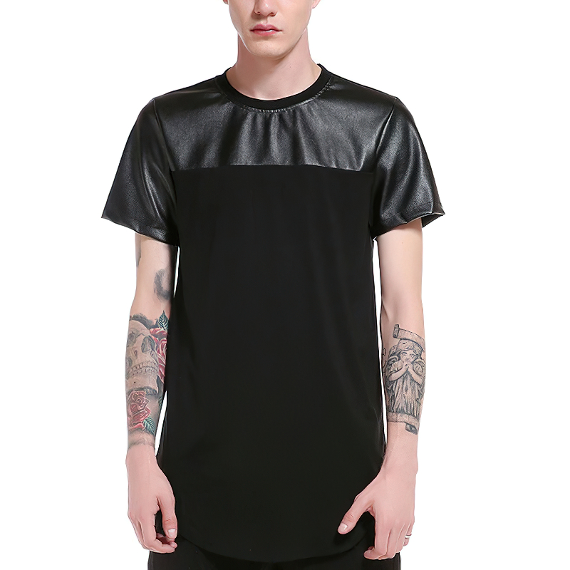 Men's T-Shirt Patchwork Leather / Summer Streetwear Tee Shirts Short Sleeve - HARD'N'HEAVY