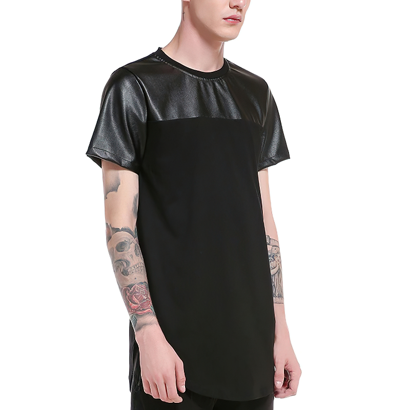 Men's patchwork leather T-shirt in black, featuring a stylish short sleeve design for summer streetwear.