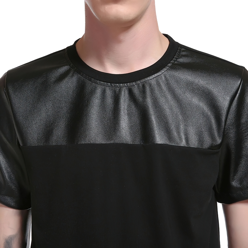 Men's summer t-shirt with stylish leather patchwork design, perfect for casual streetwear.