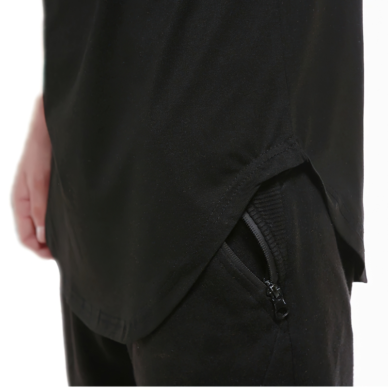 Side view of a black men's t-shirt showcasing a stylish design with a zippered pocket and casual fit.