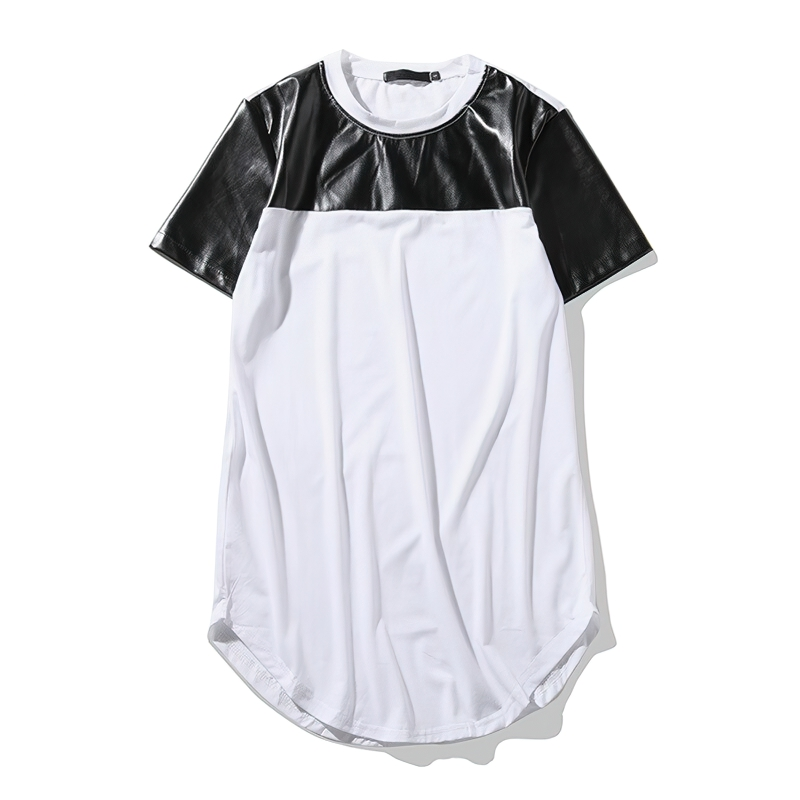 Men's leather patchwork T-shirt in black and white, casual summer streetwear, short sleeve and stylish design.