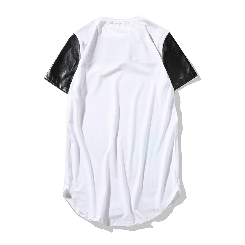 Men's patchwork leather T-shirt in white with black leather sleeves, perfect for casual summer streetwear.