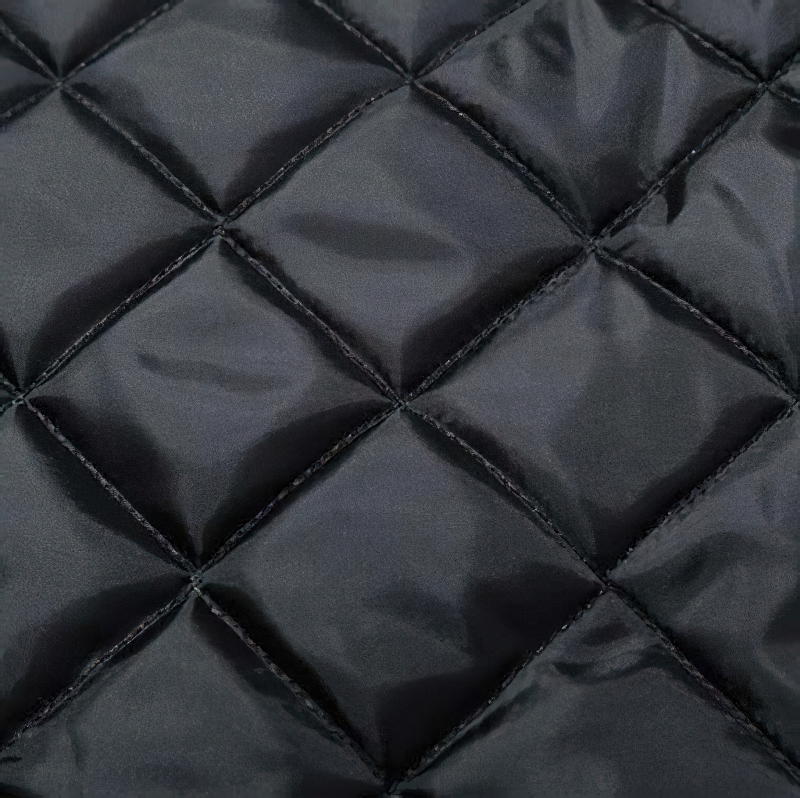 Close-up of diamond quilted pattern on a stylish black men's jacket, showcasing its modern design and texture.