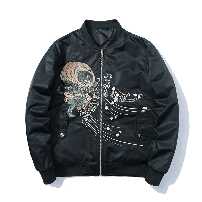 Men's black oversized jacket with stylish embroidery, featuring a creative print for casual rock-style streetwear.