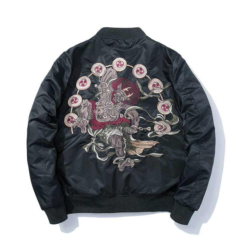 Men's oversized black jacket featuring stylish embroidery on the back, perfect for casual rock-style streetwear.