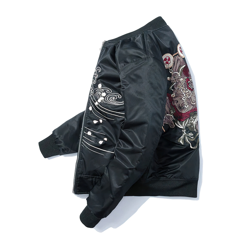 Men's black oversized jacket with stylish embroidery and casual rock-style design.